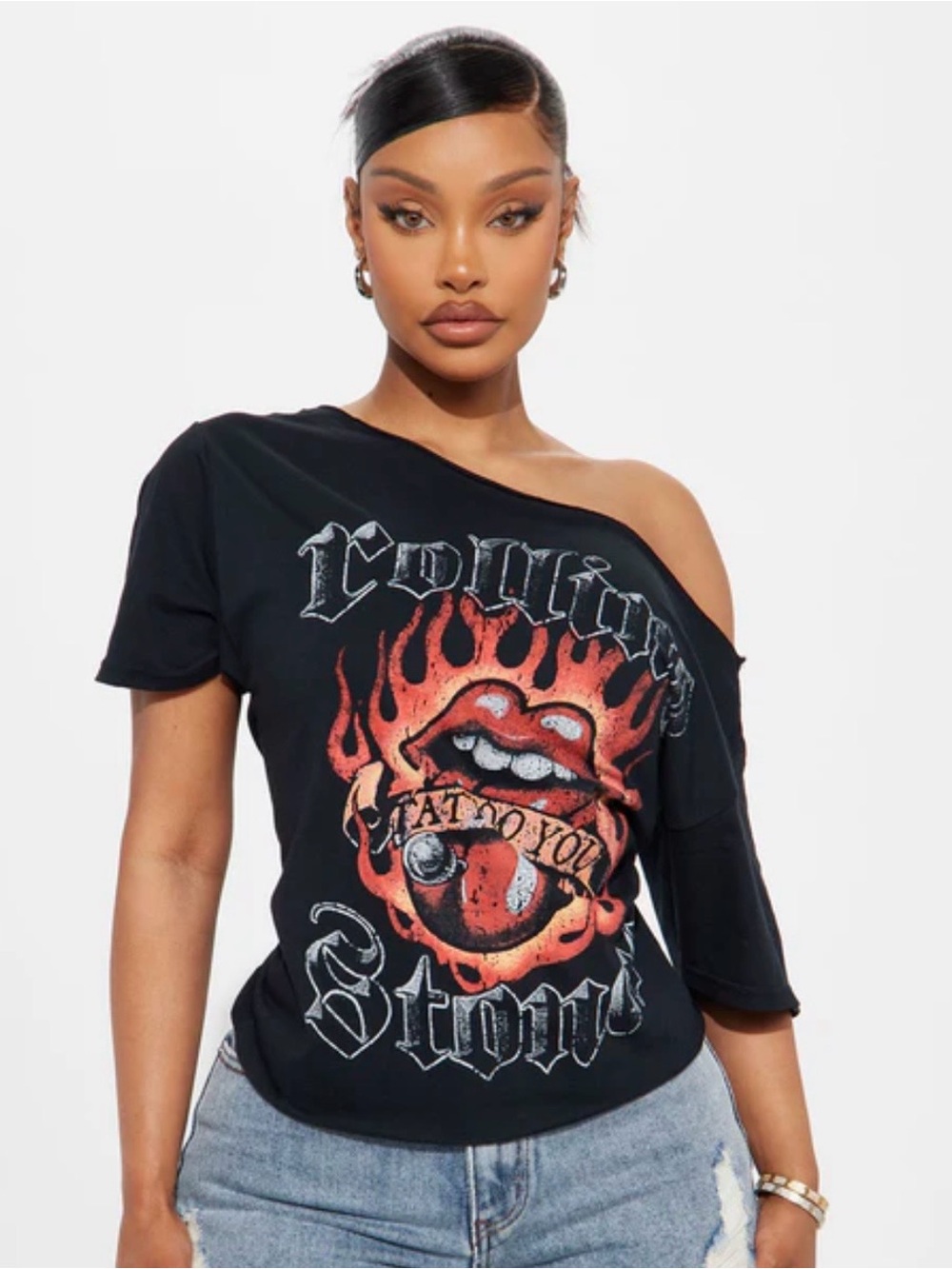 Fashion Nova Black Off-Shoulder Graphic Tee with Red Flame Lips
